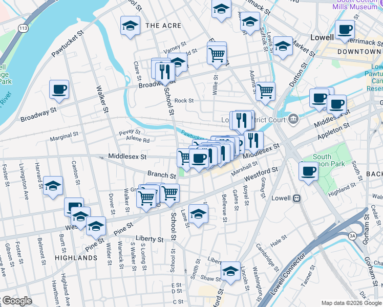 map of restaurants, bars, coffee shops, grocery stores, and more near 861 Middlesex Street in Lowell