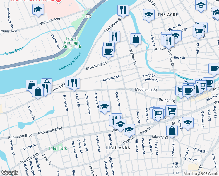 map of restaurants, bars, coffee shops, grocery stores, and more near 1190 Middlesex Street in Lowell
