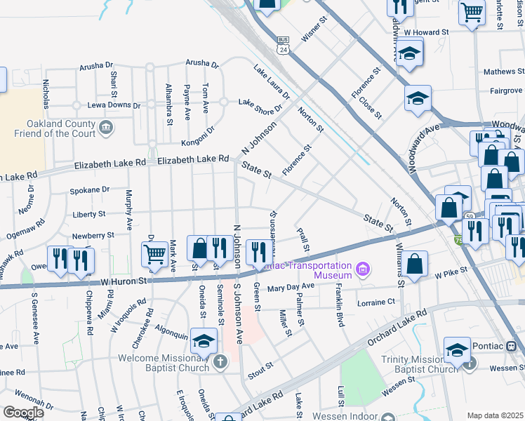 map of restaurants, bars, coffee shops, grocery stores, and more near 21 Liberty Street in Pontiac