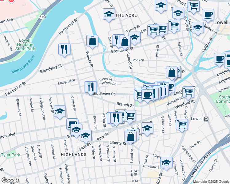 map of restaurants, bars, coffee shops, grocery stores, and more near 999 Middlesex Street in Lowell