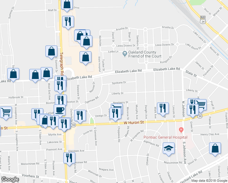 map of restaurants, bars, coffee shops, grocery stores, and more near 326 Liberty Street in Pontiac