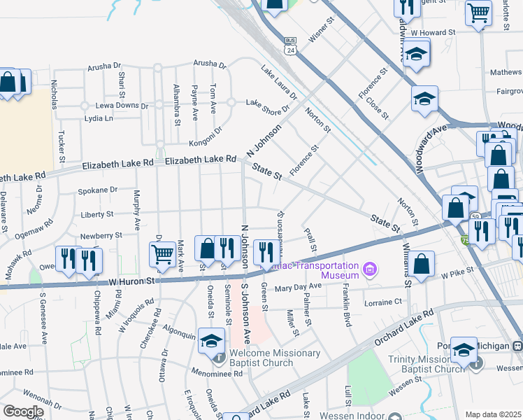 map of restaurants, bars, coffee shops, grocery stores, and more near 35 Liberty Street in Pontiac