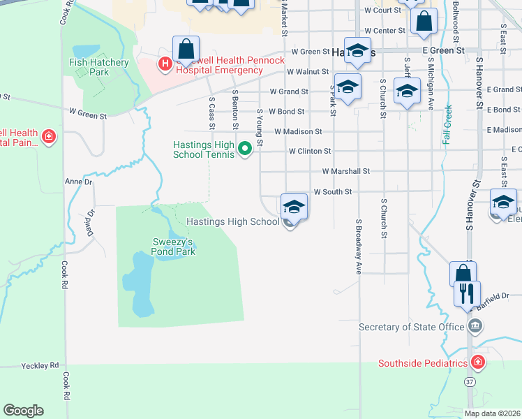 map of restaurants, bars, coffee shops, grocery stores, and more near 1130 South Young Street in Hastings