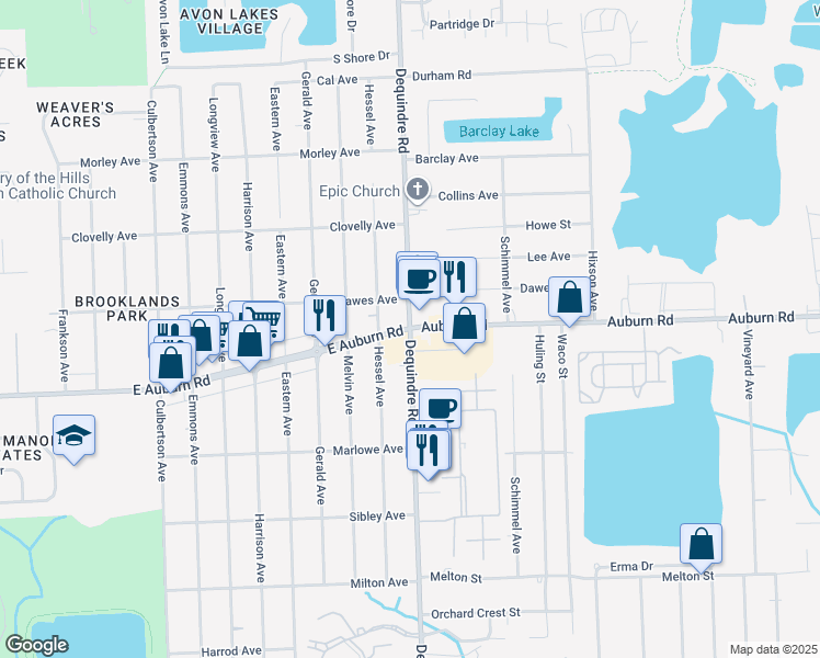 map of restaurants, bars, coffee shops, grocery stores, and more near 1995 East Auburn Road in Rochester Hills