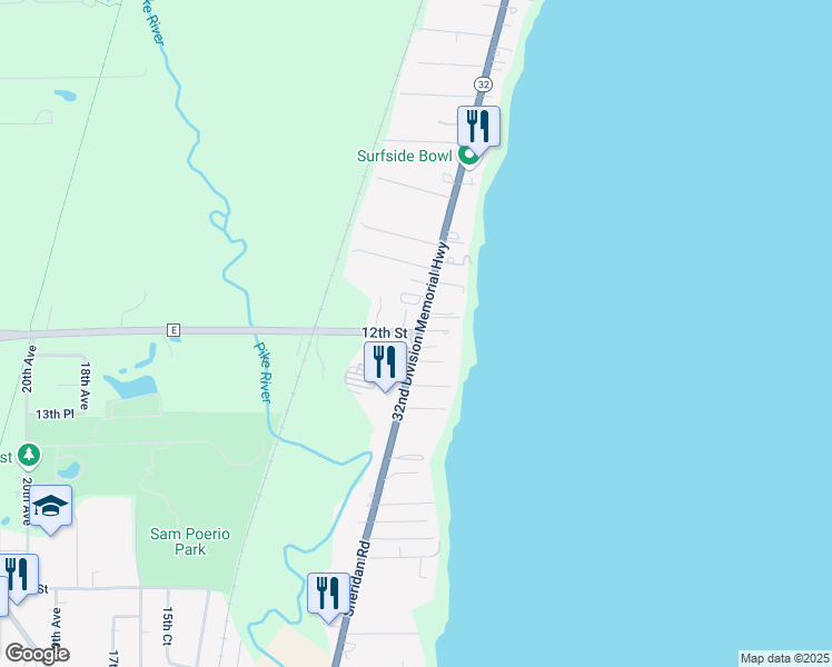 map of restaurants, bars, coffee shops, grocery stores, and more near Sheridan Rd & County Hwy E in Kenosha