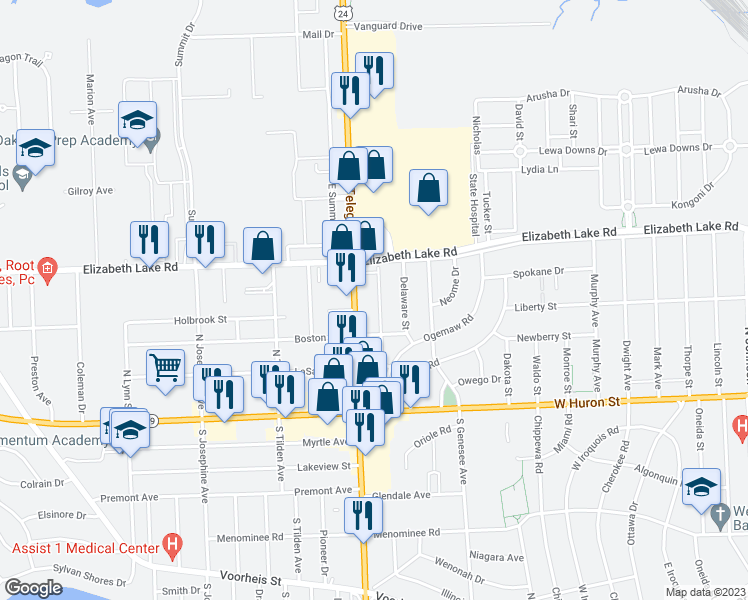 map of restaurants, bars, coffee shops, grocery stores, and more near 125 Osceola Drive in Pontiac
