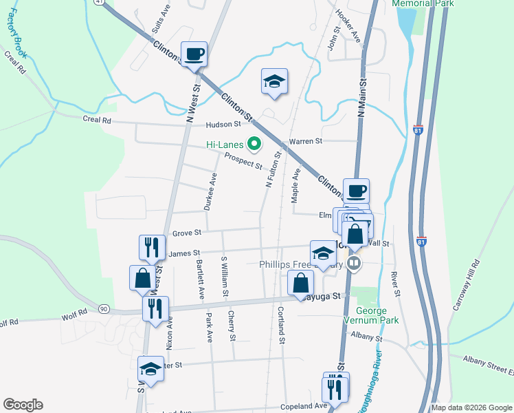 map of restaurants, bars, coffee shops, grocery stores, and more near 20 N Fulton St in Homer