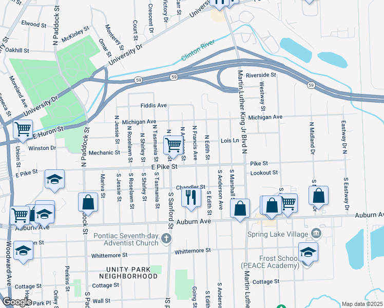 map of restaurants, bars, coffee shops, grocery stores, and more near 32 North Ardmore Street in Pontiac