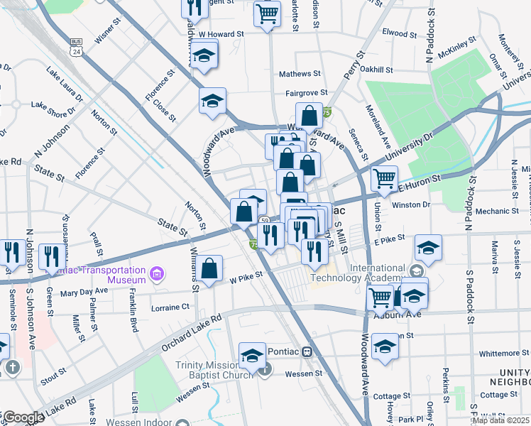 map of restaurants, bars, coffee shops, grocery stores, and more near 48 West Huron Street in Pontiac
