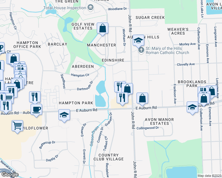 map of restaurants, bars, coffee shops, grocery stores, and more near 2676 Stonebury Drive in Rochester Hills