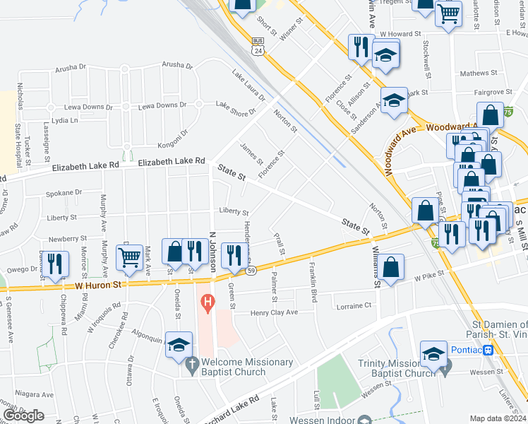 map of restaurants, bars, coffee shops, grocery stores, and more near 104 Henderson Street in Pontiac