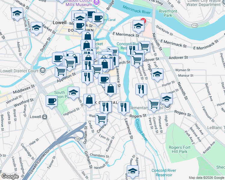 map of restaurants, bars, coffee shops, grocery stores, and more near 18 Cady Street in Lowell