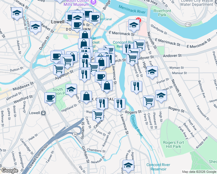 map of restaurants, bars, coffee shops, grocery stores, and more near 18 Cady Street in Lowell