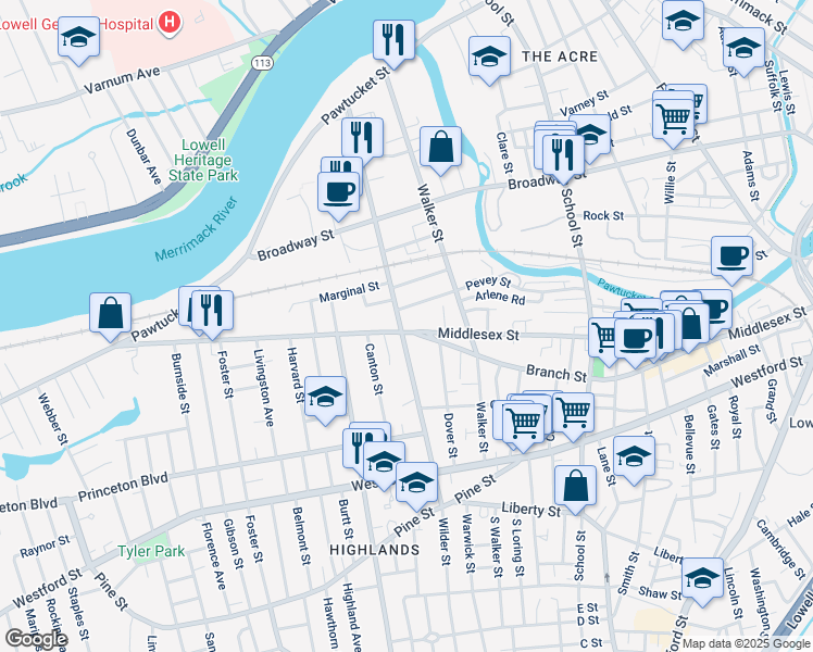 map of restaurants, bars, coffee shops, grocery stores, and more near 223 Wilder Street in Lowell