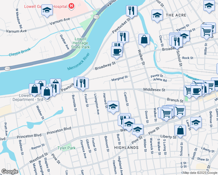 map of restaurants, bars, coffee shops, grocery stores, and more near 22 Glidden Avenue in Lowell