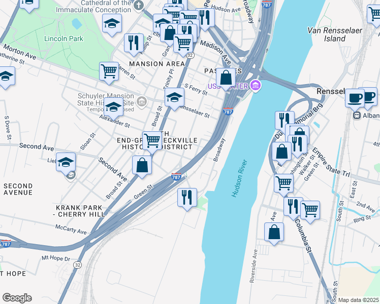 map of restaurants, bars, coffee shops, grocery stores, and more near 230 Green Street in Albany