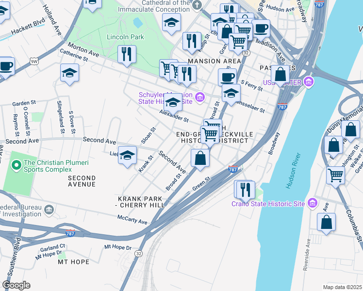 map of restaurants, bars, coffee shops, grocery stores, and more near 3 Teunis Street in Albany