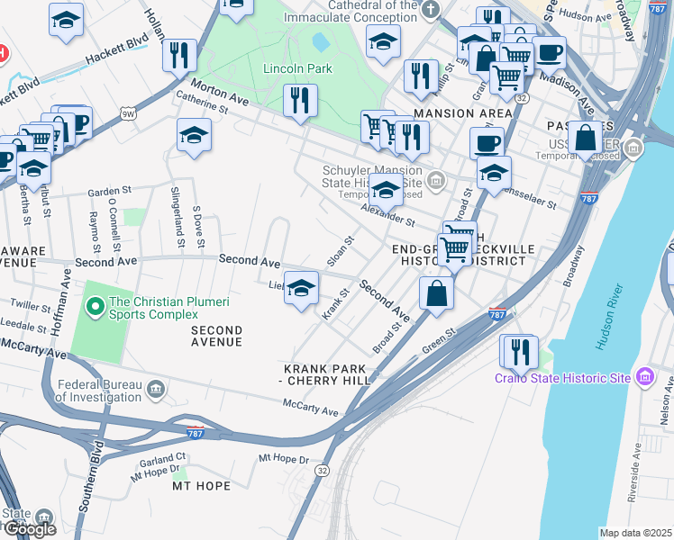 map of restaurants, bars, coffee shops, grocery stores, and more near 36 Sloan Street in Albany