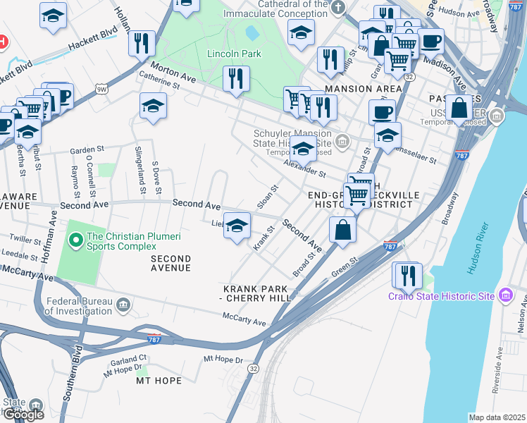 map of restaurants, bars, coffee shops, grocery stores, and more near 36 Sloan Street in Albany