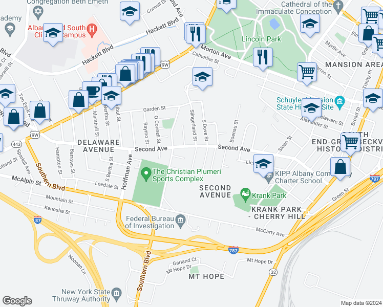 map of restaurants, bars, coffee shops, grocery stores, and more near 232 Second Avenue in Albany