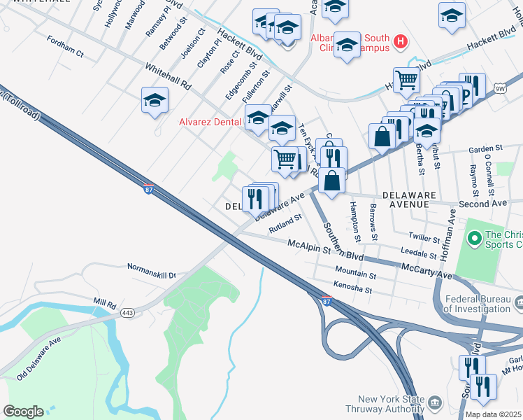 map of restaurants, bars, coffee shops, grocery stores, and more near 505 Delaware Avenue in Albany