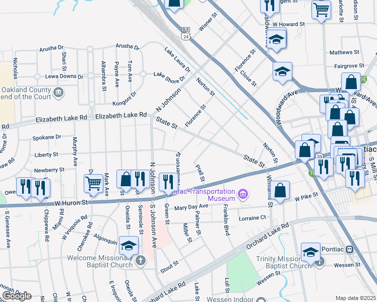 map of restaurants, bars, coffee shops, grocery stores, and more near 118 Henderson Street in Pontiac