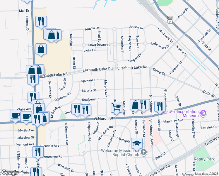 map of restaurants, bars, coffee shops, grocery stores, and more near 123 Dwight Avenue in Pontiac