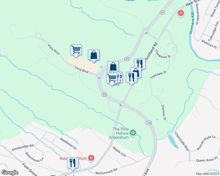 map of restaurants, bars, coffee shops, grocery stores, and more near 1395 New Scotland Road in Slingerlands