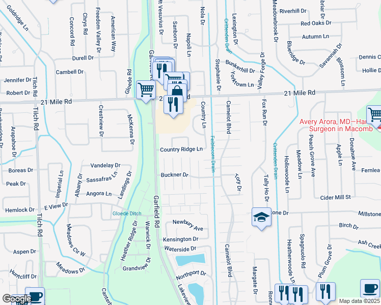 map of restaurants, bars, coffee shops, grocery stores, and more near 16918 Country Ridge Lane in Macomb