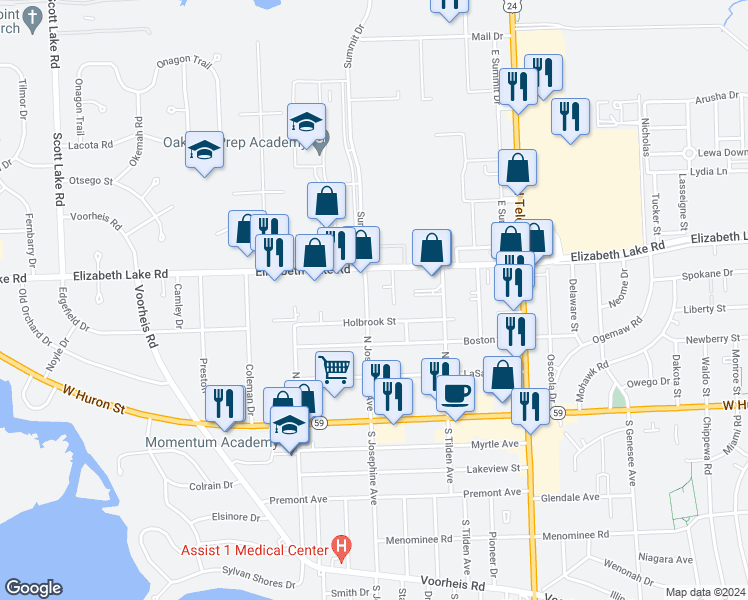 map of restaurants, bars, coffee shops, grocery stores, and more near 134 North Josephine Avenue in Waterford Township