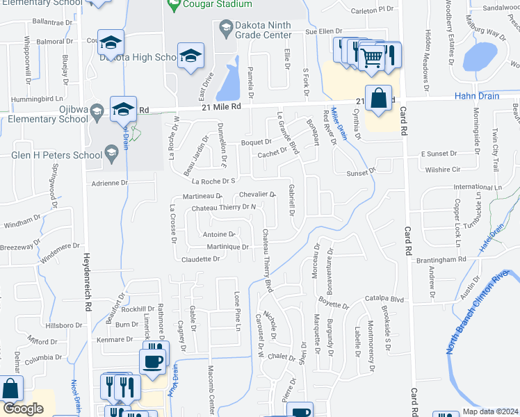 map of restaurants, bars, coffee shops, grocery stores, and more near 45556 Chateau Thierry Drive North in Macomb