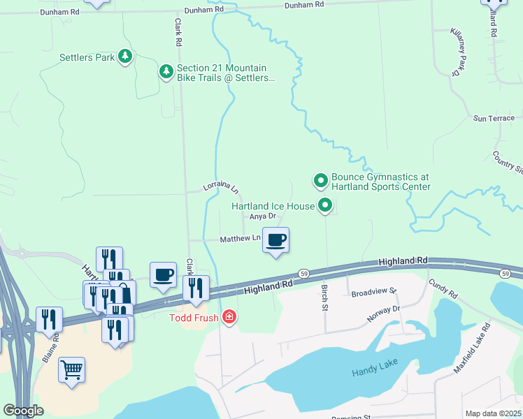 map of restaurants, bars, coffee shops, grocery stores, and more near 11203 Anya Drive in Hartland