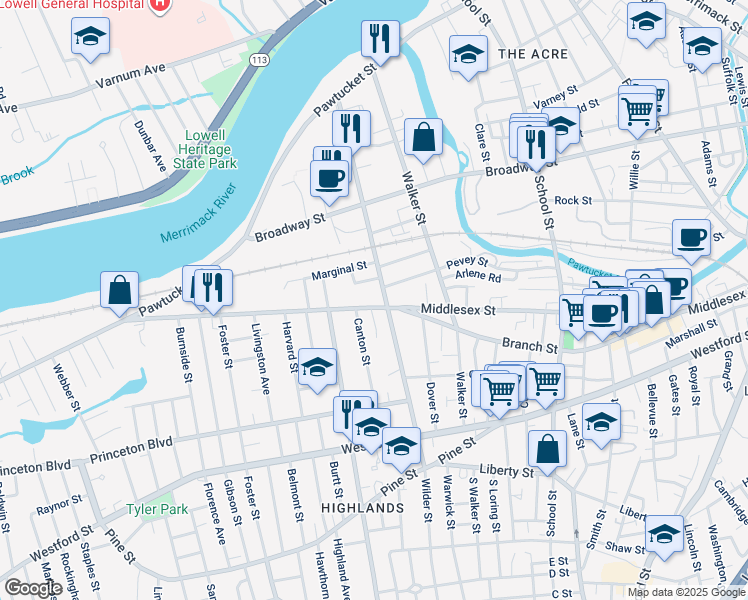 map of restaurants, bars, coffee shops, grocery stores, and more near 223 Wilder Street in Lowell