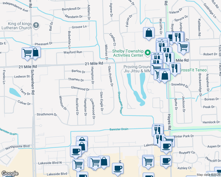 map of restaurants, bars, coffee shops, grocery stores, and more near 46619 Glen Pointe Drive in Shelby Charter Township