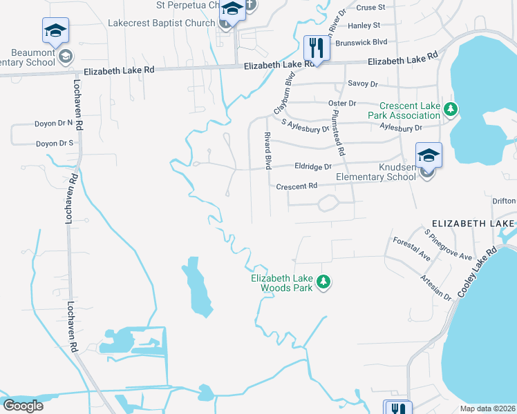 map of restaurants, bars, coffee shops, grocery stores, and more near 471 Clayburn Boulevard in Waterford Township