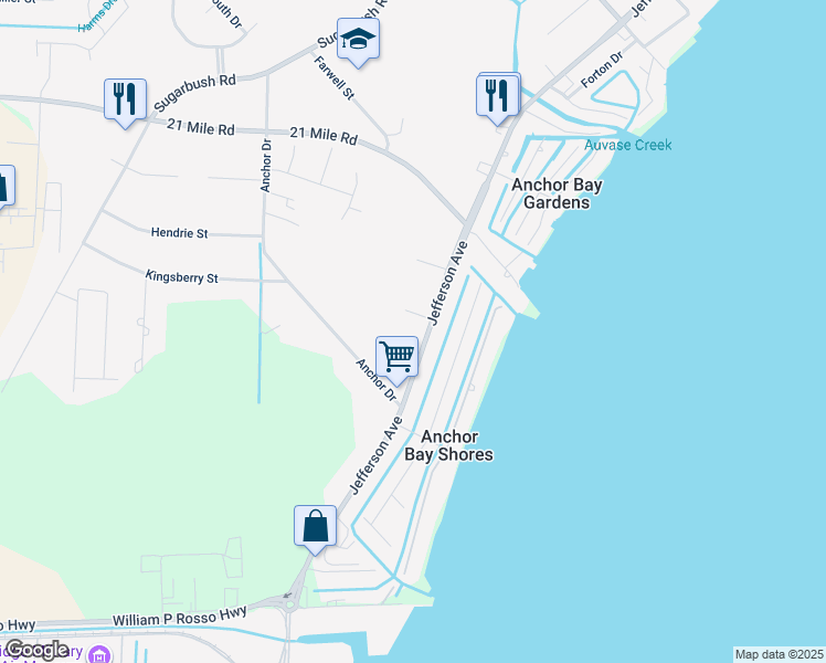 map of restaurants, bars, coffee shops, grocery stores, and more near 46169 Jefferson Avenue in New Baltimore