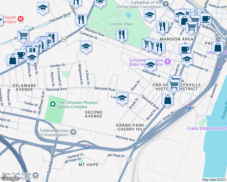 map of restaurants, bars, coffee shops, grocery stores, and more near 136 Second Avenue in Albany