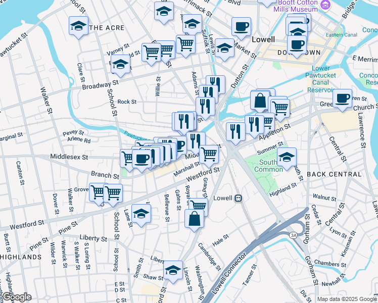 map of restaurants, bars, coffee shops, grocery stores, and more near 585 Middlesex Street in Lowell