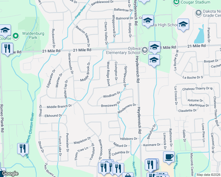 map of restaurants, bars, coffee shops, grocery stores, and more near 20420 Country Side Drive in Macomb
