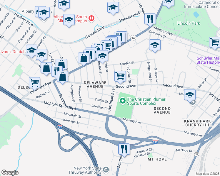 map of restaurants, bars, coffee shops, grocery stores, and more near 344 Second Avenue in Albany