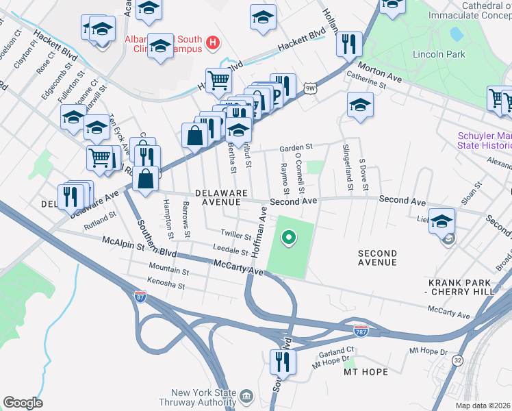 map of restaurants, bars, coffee shops, grocery stores, and more near 344 Second Avenue in Albany