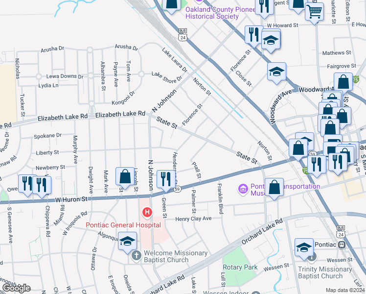 map of restaurants, bars, coffee shops, grocery stores, and more near 108 Henderson Street in Pontiac