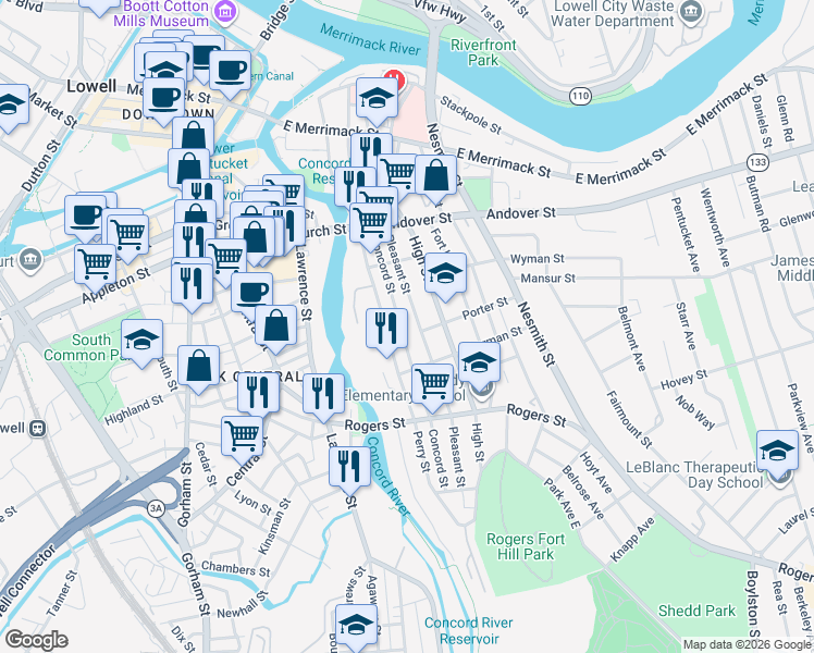 map of restaurants, bars, coffee shops, grocery stores, and more near 102 Perry Street in Lowell