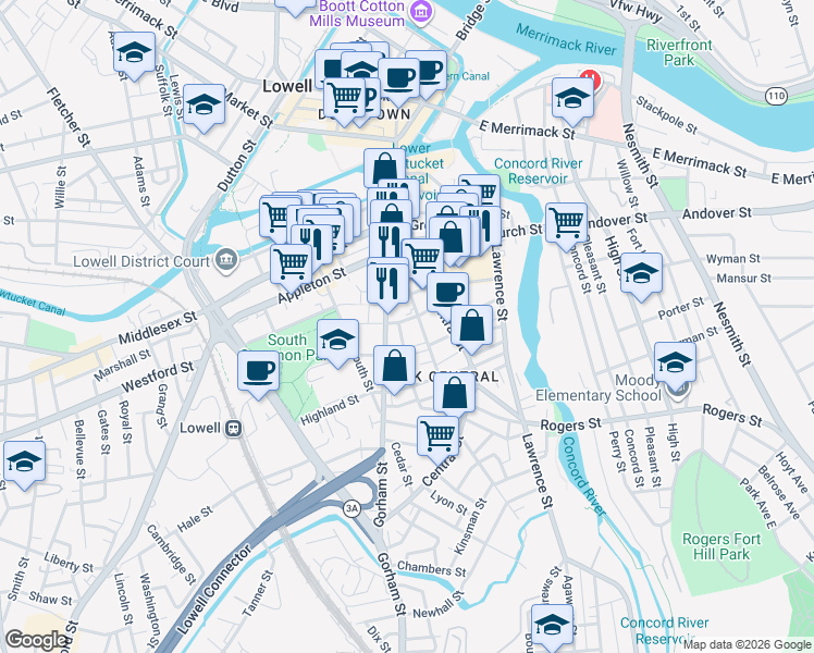 map of restaurants, bars, coffee shops, grocery stores, and more near 194 Gorham Street in Lowell