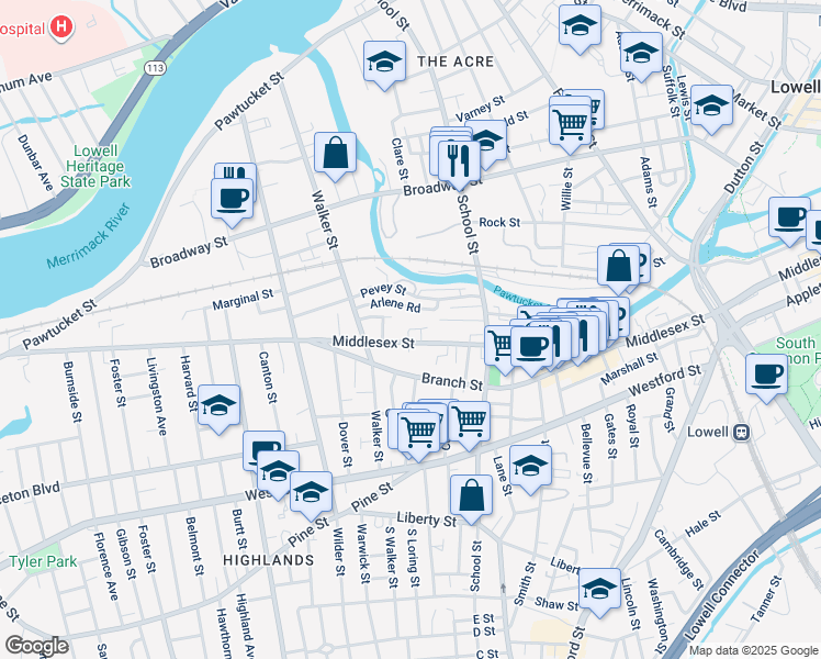 map of restaurants, bars, coffee shops, grocery stores, and more near 999 Middlesex Street in Lowell