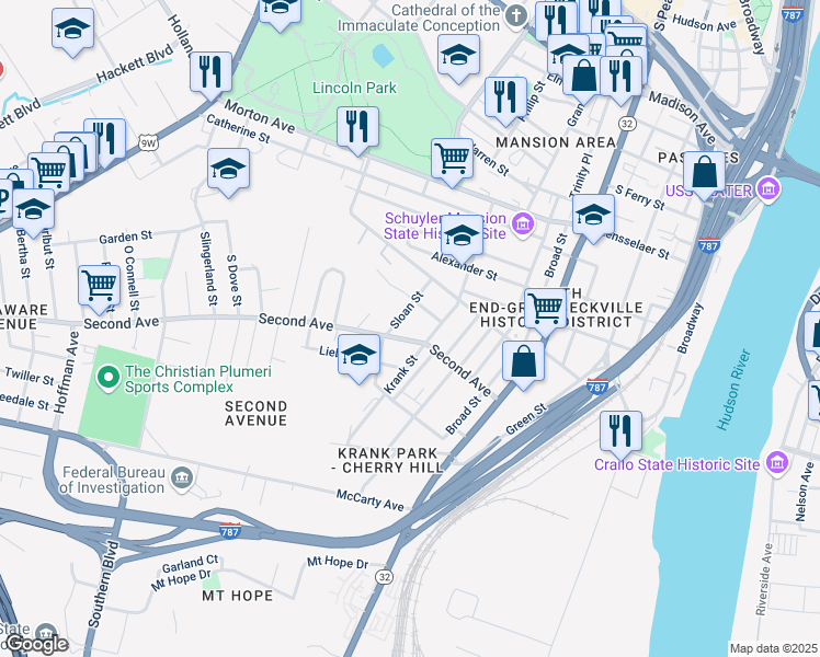 map of restaurants, bars, coffee shops, grocery stores, and more near 36 Sloan Street in Albany