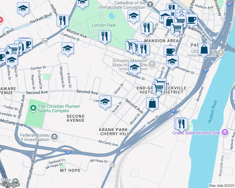map of restaurants, bars, coffee shops, grocery stores, and more near 36 Sloan Street in Albany