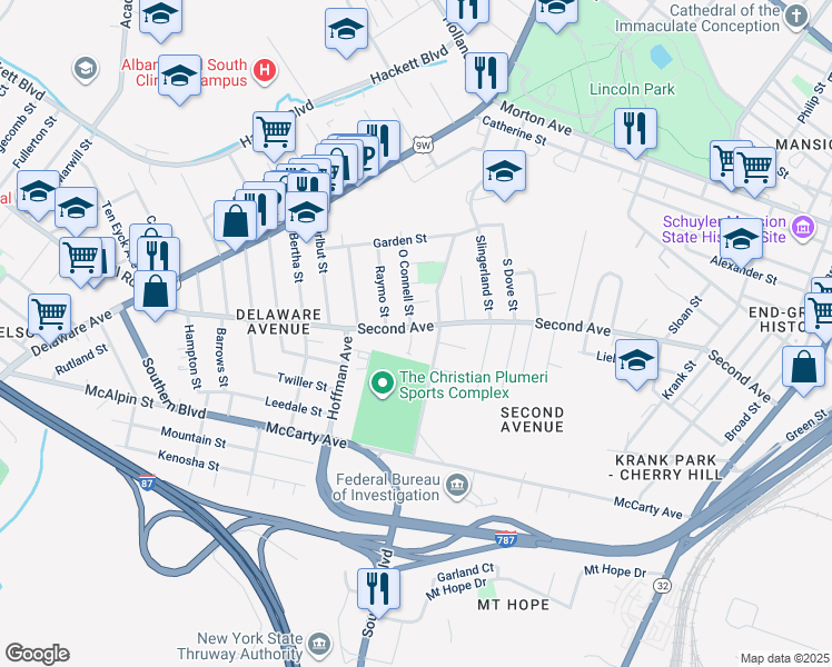 map of restaurants, bars, coffee shops, grocery stores, and more near in Albany