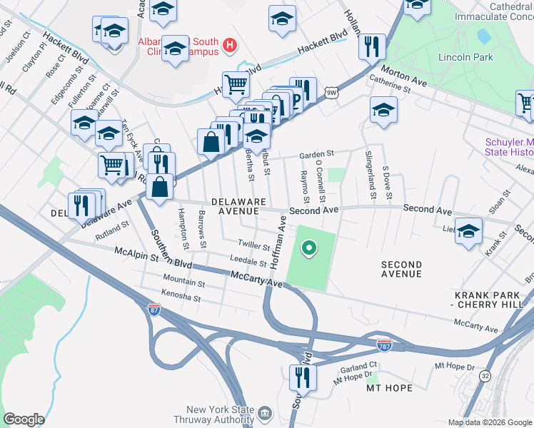 map of restaurants, bars, coffee shops, grocery stores, and more near 344 Second Avenue in Albany