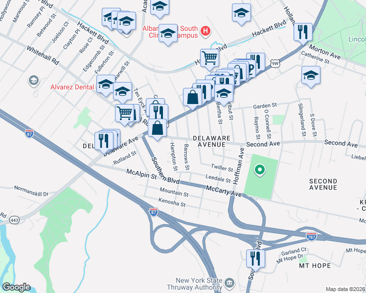map of restaurants, bars, coffee shops, grocery stores, and more near 7 Barrows Street in Albany